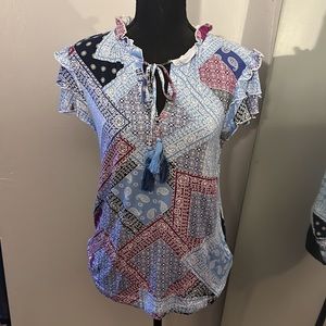 Greige blue patchwork bandana blouse